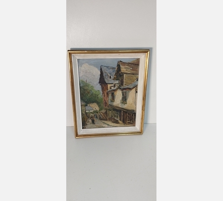 Peinture sur bois de maisons dans une rue en descente.