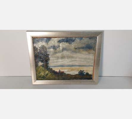 Peinture sur bois d'un homme sur sa barque, signée Cartier