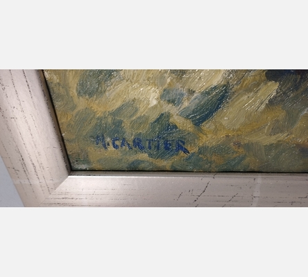 Peinture sur bois d'un homme sur sa barque, signée Cartier