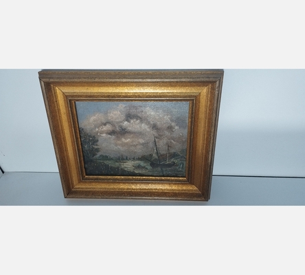 Peinture sur bois d'un vieux chalut au bord de l'eau