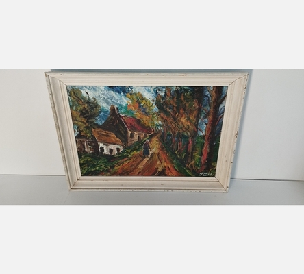 Peinture sur bois, personnage sur un chemin devant 2 maisons, signée Yvonne