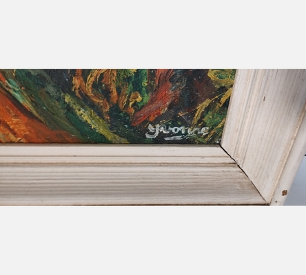 Peinture sur bois, personnage sur un chemin devant 2 maisons, signée Yvonne