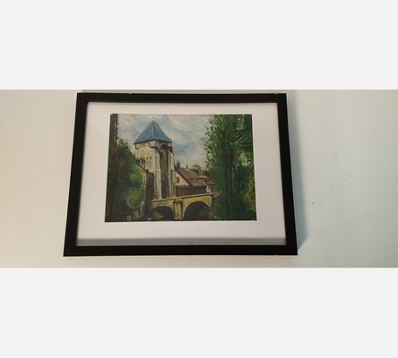 Peinture sur bois sous verre d'une église romane derrière un pont.