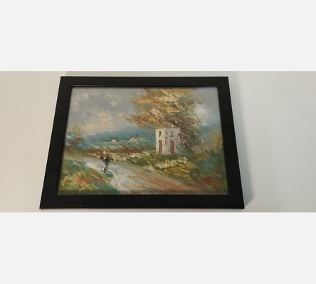 Peinture sur bois sous verre personnage sur le chemin, signée