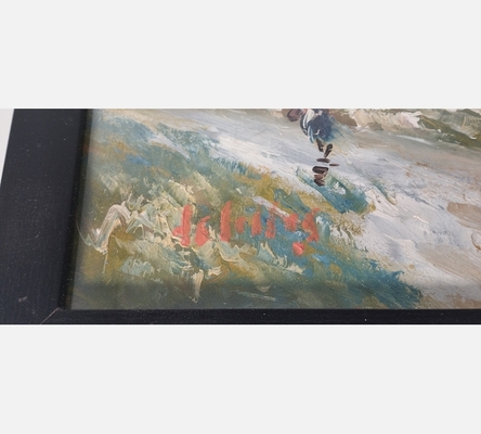 Peinture sur bois sous verre personnage sur le chemin, signée