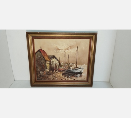 Peinture trouée de bateaux à quai.