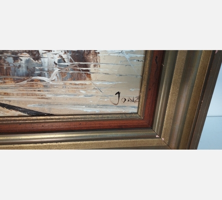 Peinture trouée de bateaux à quai.