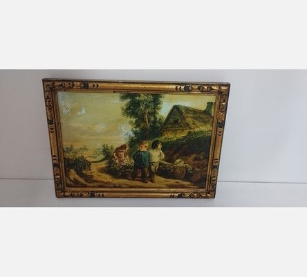Petit tableau ancien d'enfants jouants devant une chaumière signé De Rick