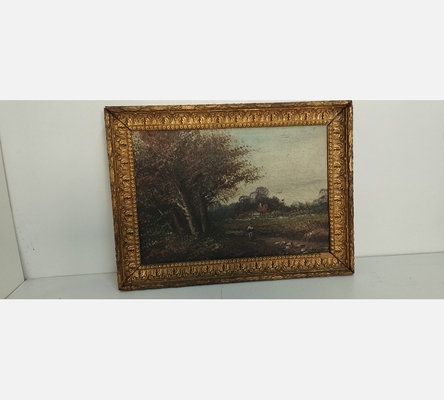 Petite peinture ancienne personne en lisière de forêt dans cadre doré