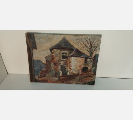 Petite peinture ancienne sans cadre d'une maison à la campagne signée Boutin