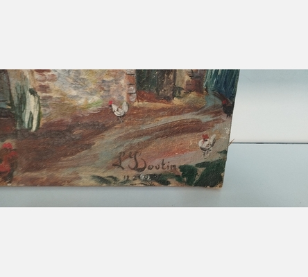 Petite peinture ancienne sans cadre d'une maison à la campagne signée Boutin