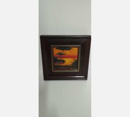 Petite peinture carrée dans cadre sombre 'Couché de soleil' signé Albevile