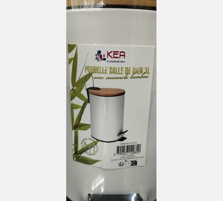 Poubelle de salle de bain en métal blanc ou noir et couvercle bambou. 3L
