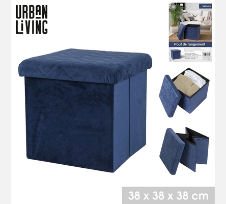 Pouf de rangement pliable KUBE en velours bleu.