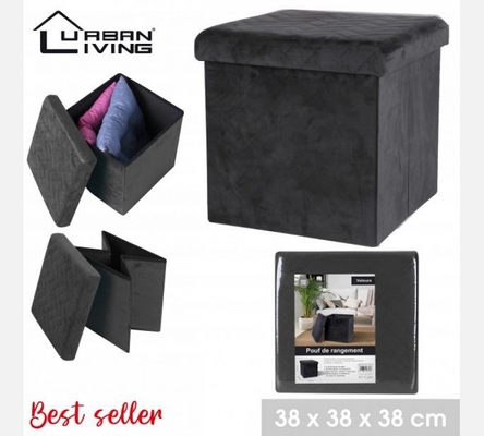 Pouf de rangement pliable KUBE en velours noir.