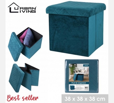 Pouf de rangement pliable KUBE en velours vert.