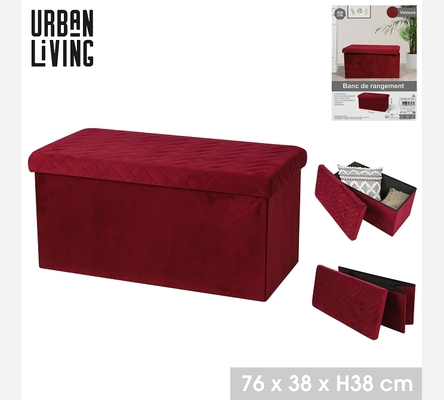 Pouf de rangement rectangulaire pliable KUBE en velours bordeaux.