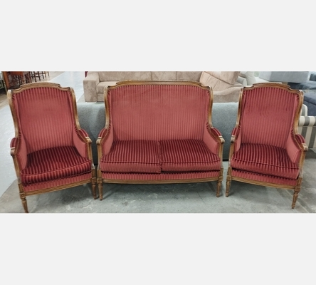 Superbe ensemble Louis XVI en velours bordeaux banquette 2 places et 2 fauteuils