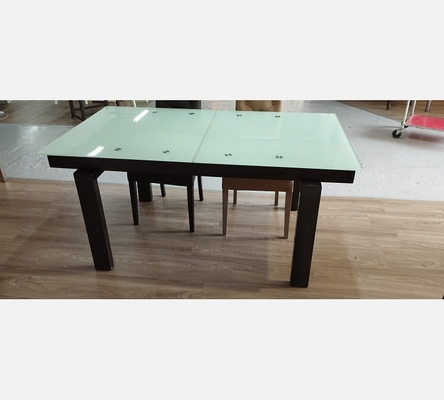 Table de salle à manger dessus verre blanc avec 1 allonge intégrée wengé.