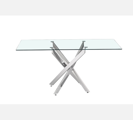 Table de salle à manger Lasi dessus verre et pieds croisées chromés.