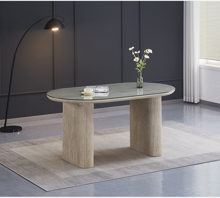 Table de salle à manger Roxy style travertin et dessus verre. DT14178PTRTR160