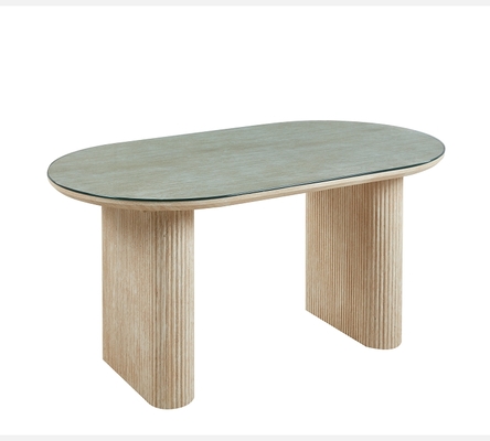 Table de salle à manger Roxy style travertin et dessus verre. DT14178PTRTR160