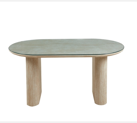 Table de salle à manger Roxy style travertin et dessus verre. DT14178PTRTR160