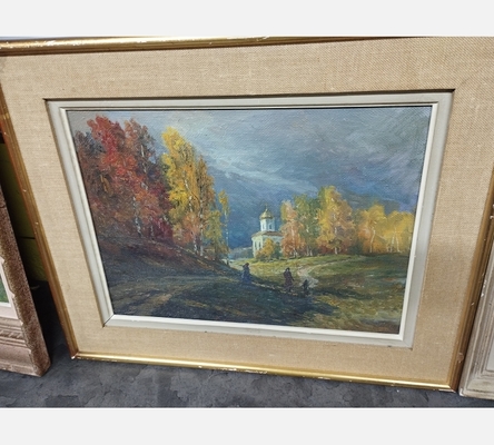 Tableau eglise dans la prairie